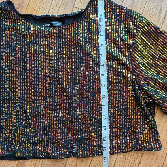 ICON Drop Shoulder Sequin Mesh Crop Blouse L Holiday Outfit - Picture 11 of 16